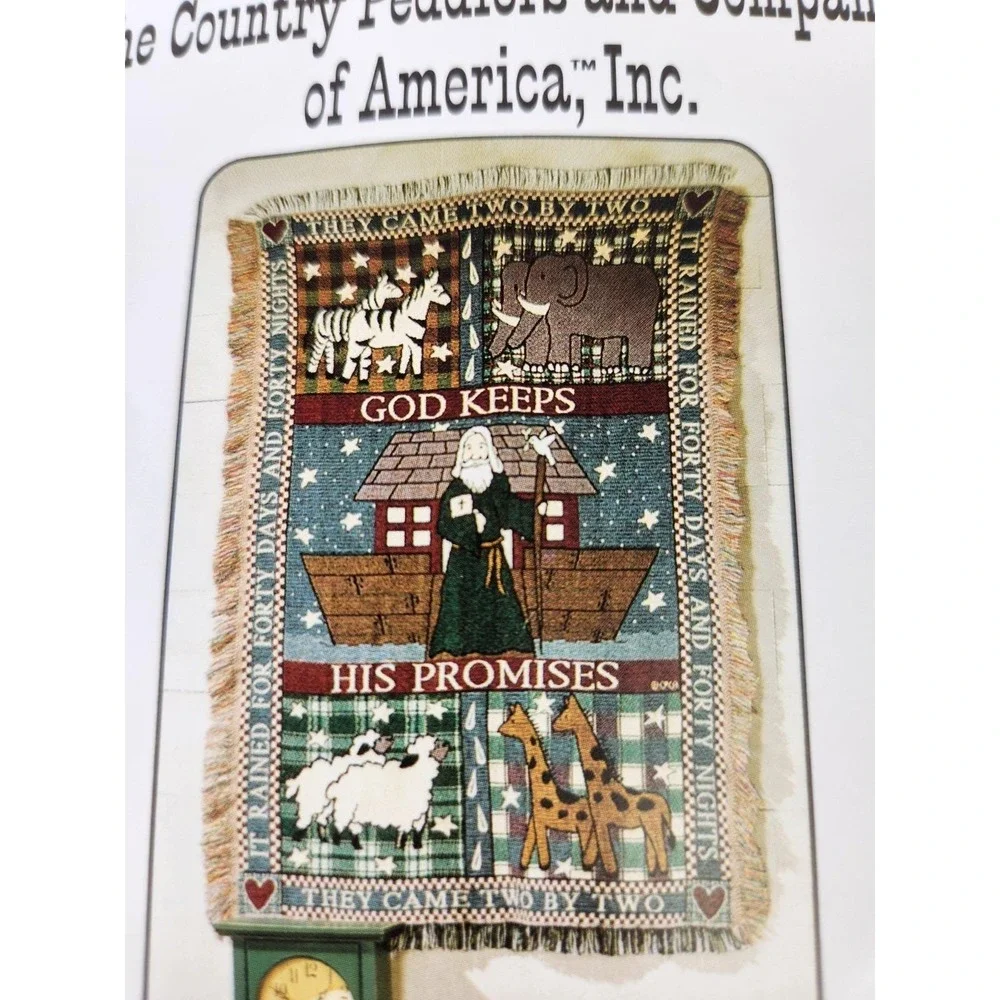 NEW Vintage Noahs Ark God Keeps His Promises Tapestry Fringe Throw Blanket Bible